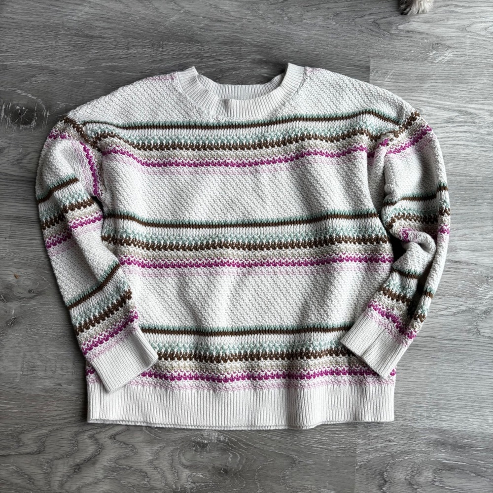 LOFT Petites Striped Crew Neck Sweater neutral stripes cozy Knit Size LP boho‎